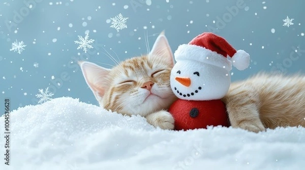 Fototapeta Cute sleeping kitten with snowman toy on snow background, winter cheer.