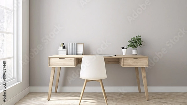 Fototapeta A simple home office setup with a light wooden desk and a single white chair. No items or decor, with a neutral-colored wall in the background