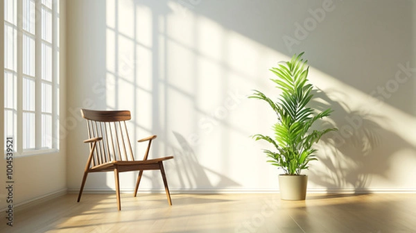 Fototapeta A simple living room with a single wooden chair and a small, green plant placed next to it, emphasizing natural light through large windows