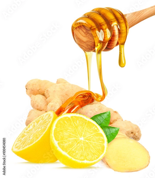Fototapeta ginger with lemon and honey isolated on white background