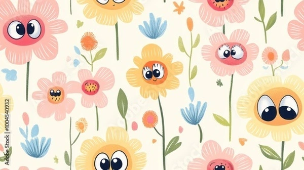 Fototapeta Colorful floral pattern with cheerful cartoon flowers featuring big eyes against a light background in a playful design