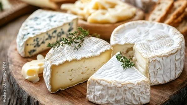 Fototapeta Artisan cheese assortment on a rustic wooden board with herbs and crackers in a cozy kitchen setting