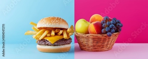 Fototapeta A juicy burger with crispy fries on one half, and a fresh fruit basket containing apples, peaches, and grapes on the other, showcasing contrasting meals.