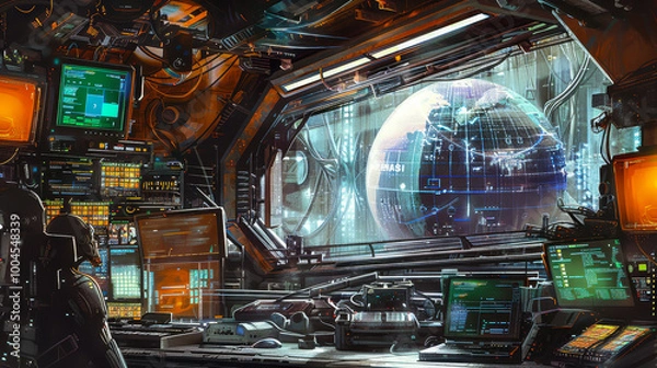 Fototapeta Futuristic Sci-Fi Workspace with High-Tech Computers and Holographic Globe Display in Space Station Control Room, Illustration
