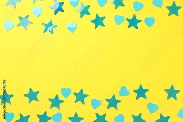 Fototapeta Beautiful confetti on yellow background, flat lay. Space for text