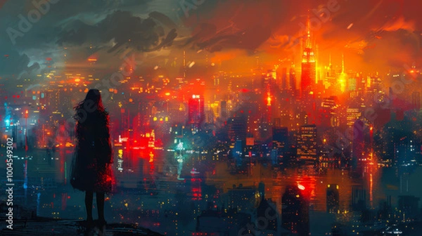 Fototapeta Mysterious Woman Overlooking Futuristic Cityscape at Night with Vibrant Colorful Lights and Illuminated Skyscrapers in Cyberpunk Setting