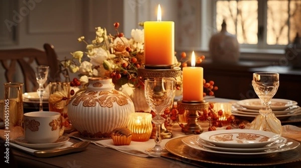 Fototapeta Elegant new year s table setting with dishes, candles, and festive decorations for celebration