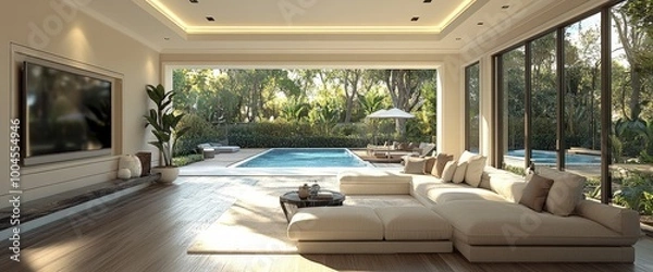 Obraz Modern living room with large windows overlooking a swimming pool and lush green garden