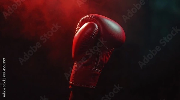Fototapeta Raised boxing glove in red spotlight on dark background