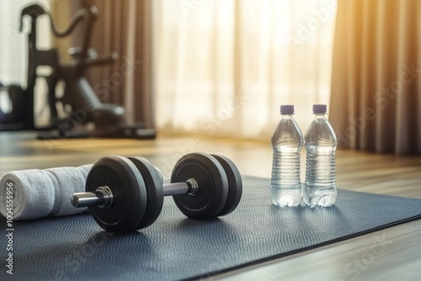 Obraz Dumbbell, Water Bottles and Yoga Mat in a Gym