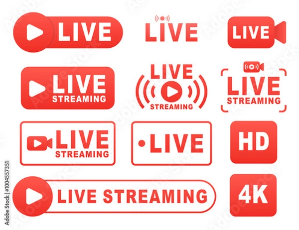 Obraz Live stream button set. Live icon set. Red social media live streaming full hd 3d icon design isolated on background. Social media. Vector illustration