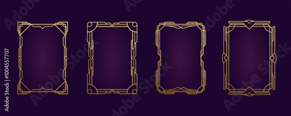 Fototapeta Retrofuturism steampunk golden engraved frame. Template a4 paper. Art deco line border, decor divider, antique style. Elegant geometric elements, weaving pattern, arabic style, isolated vector set.