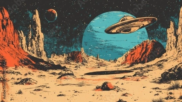 Fototapeta A vintage style illustration depicting a UFO flying over a desert planet with a large crater in the foreground and a blue planet in the background.