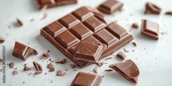 Obraz Close-up of a broken chocolate bar with visible texture, scattered pieces on a white surface