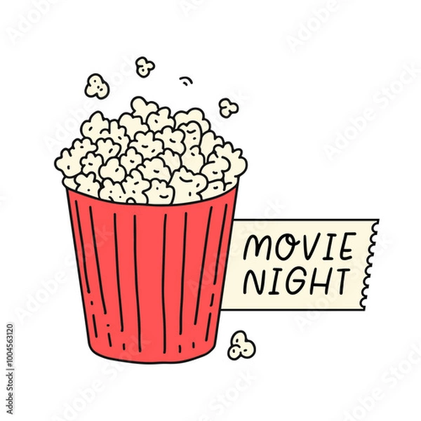 Fototapeta Popcorn bucket with movie night ticket in colorful line art style.