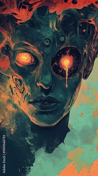 Fototapeta A woman's face with glowing eyes and a glowing red eye