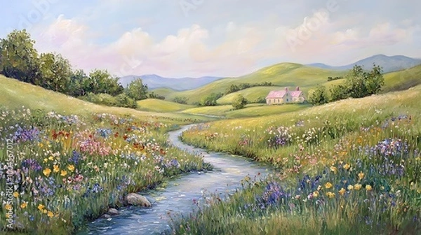 Fototapeta Serene pastel toned landscape featuring rolling hills a patchwork of vibrant wildflowers a charming farmhouse nestled in the distance and a gentle stream winding through the lush meadow