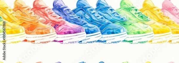 Fototapeta A seamless tile pattern featuring rows of colorful, retro sneakers drawn in a watercolor style. Copy space. Banner. copy space