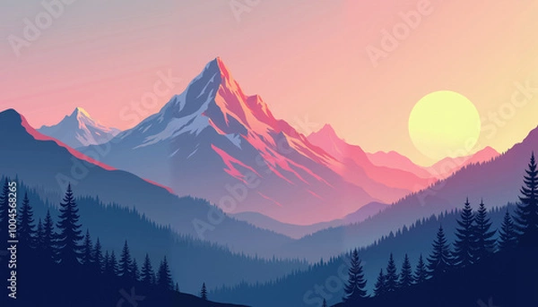 Obraz Mountain peak view landscape with sunrise soft light. Flat 2d vector illustration background. Arcade gaming style