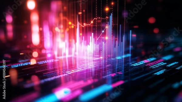 Fototapeta Visualize vibrant digital landscape with glowing data points and colorful graphs representing annual financial analysis. This captivating image showcases dynamic nature of data visualization. 