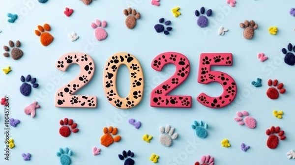 Fototapeta Vibrant 2025 Paw Print Design with Colorful Felt Animal Footprints on Pastel Background