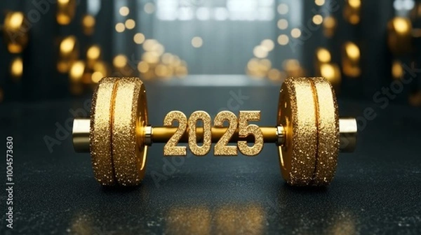 Obraz Sparkling Gold Dumbbell with "2025" Signifying New Year Fitness Goals and Aspirations