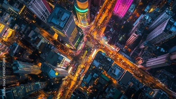 Fototapeta A stunning aerial view of a bustling city intersection illuminated by vibrant lights at night.