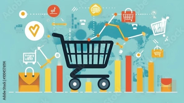 Fototapeta A shopping cart surrounded by data graphics and icons, representing e-commerce, analytics, and consumer behavior trends.