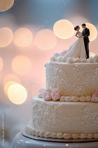 Obraz Elegant wedding cake with couple figurine topper