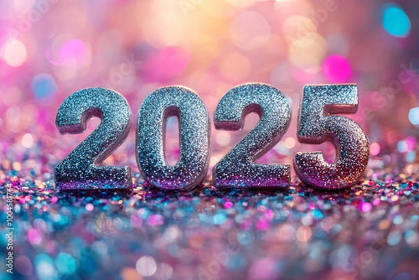 Fototapeta Glittering silver 2025 numbers with colorful bokeh lights and sparkling decor on a festive background, perfect for holiday promotions, New Year campaigns, party planners, jewelry stores, and luxury 