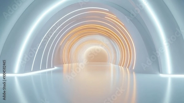 Obraz light in the tunnel, 3D rendering golden light tunnel with futuristic white neon lights, mall pop-up store photo wall background, minimal style.