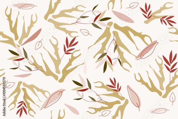 Obraz Seamless pattern of abstract branches with leaves on a light colored background. Vector illustration for fabric, wallpaper, packaging design