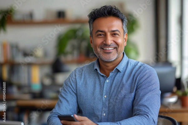 Obraz Banner with copy space. Smiling hispanic 40s businessman posing in office