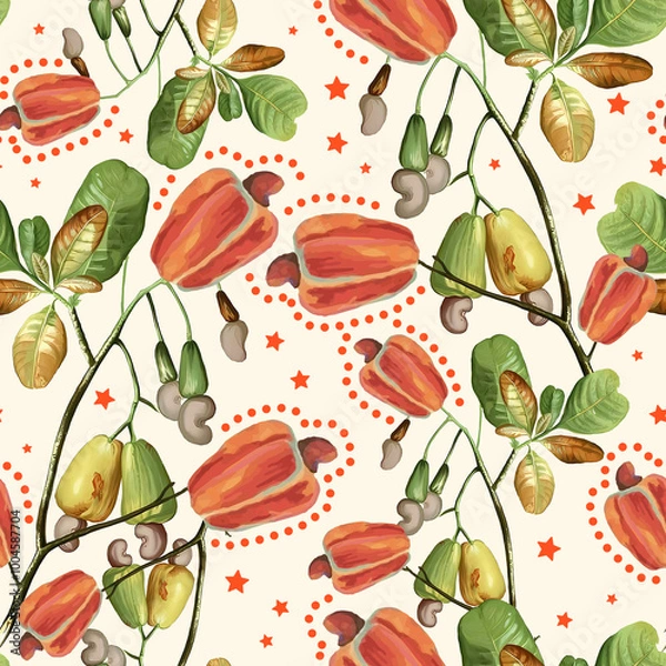 Obraz Cashew leaf. Palm tree. Star tropical pattern vector. Illustration watercolor.