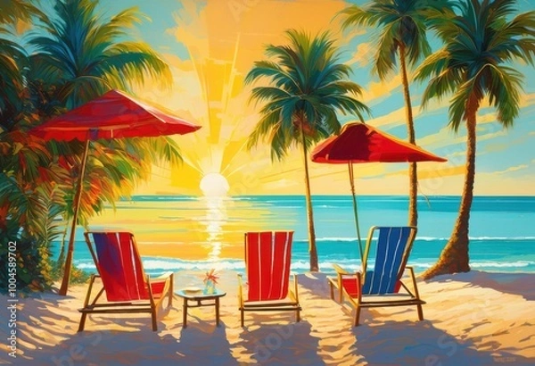 Fototapeta vibrant beach scene colorful lounge clear blue water creating lively summer atmosphere, chair, sand, sun, sky, umbrella, towel, sea, shore, relaxation