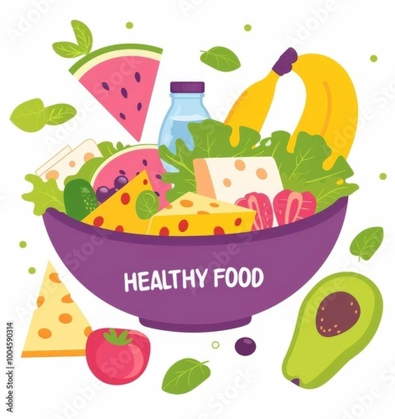 Obraz healthy food featuring the text "HEALTHY FOOD" on a white background, a purple bowl filled with a colorful assortment of salad and fruits, including cheese, a watermelon slice, a banana, a milk bottle