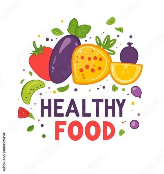 Fototapeta flat logo of healthy food featuring the text "HEALTHY FOOD" on a white background. The design utilizes bright colors to represent a variety of nutritious foods, promoting wellness and healthy eating