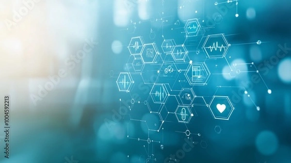Fototapeta An abstract background featuring digital medical record icons in soft blue and green hues with hexagonal shapes and ample copy space