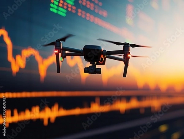 Fototapeta Autonomous financial drone visualizing a stock market landscape, financial exploration, automated insights