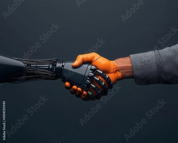 Fototapeta Digital handshake between a robot and a human, symbolizing automated partnerships, fintech collaboration, automation synergy