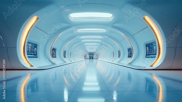 Fototapeta A futuristic airport terminal with automated services and digital navigation systems.
