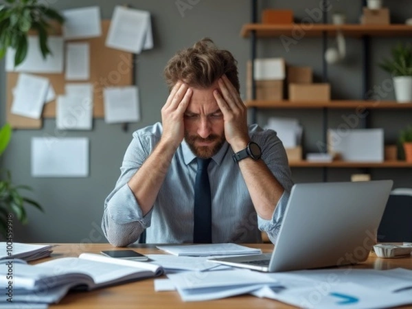 Fototapeta Anxious businessman looking down at papers with hands on head, dealing with stress in an office environment
