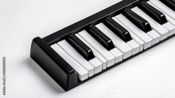Obraz Mini Keyboard: A close-up shot of a small black keyboard, showcasing its compact design and white and black keys. The keyboard's simplicity and portability make it ideal for learning music on the go.