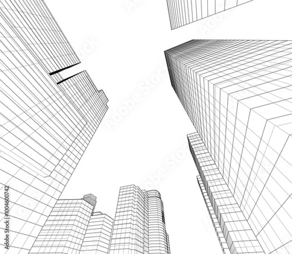 Fototapeta Modern architecture, city buildings 3d illustration