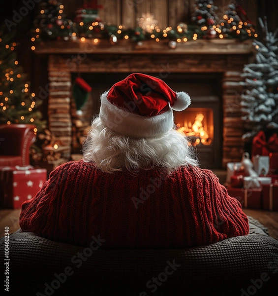 Obraz Back of Santa Claus sitting on an armchair facing a warm Christmas Eve decorated tree and open fire background.
