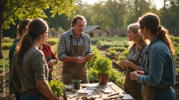 Obraz Diverse group of farmers engaging in an outdoor agricultural workshop with expert instruction on sustainable practices