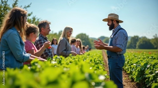 Obraz A diverse group of farmers guides visitors through vibrant rows of crops on a sunny day at the local farm