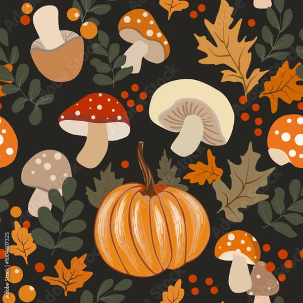 Fototapeta Children's autumn seamless pattern with pumpkins and mushrooms on a dark background. Perfect for textiles and paper.