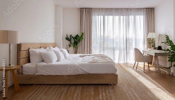 Fototapeta In the bedroom, there is a large window with curtains and a white double bed with white pill