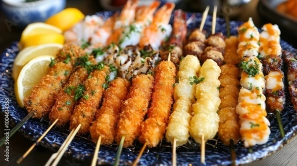 Fototapeta A colorful arrangement of kushikatsu on a platter, featuring a mix of seafood and vegetables, garnished with lemon wedges and fresh herbs, perfect for sharing with friends.